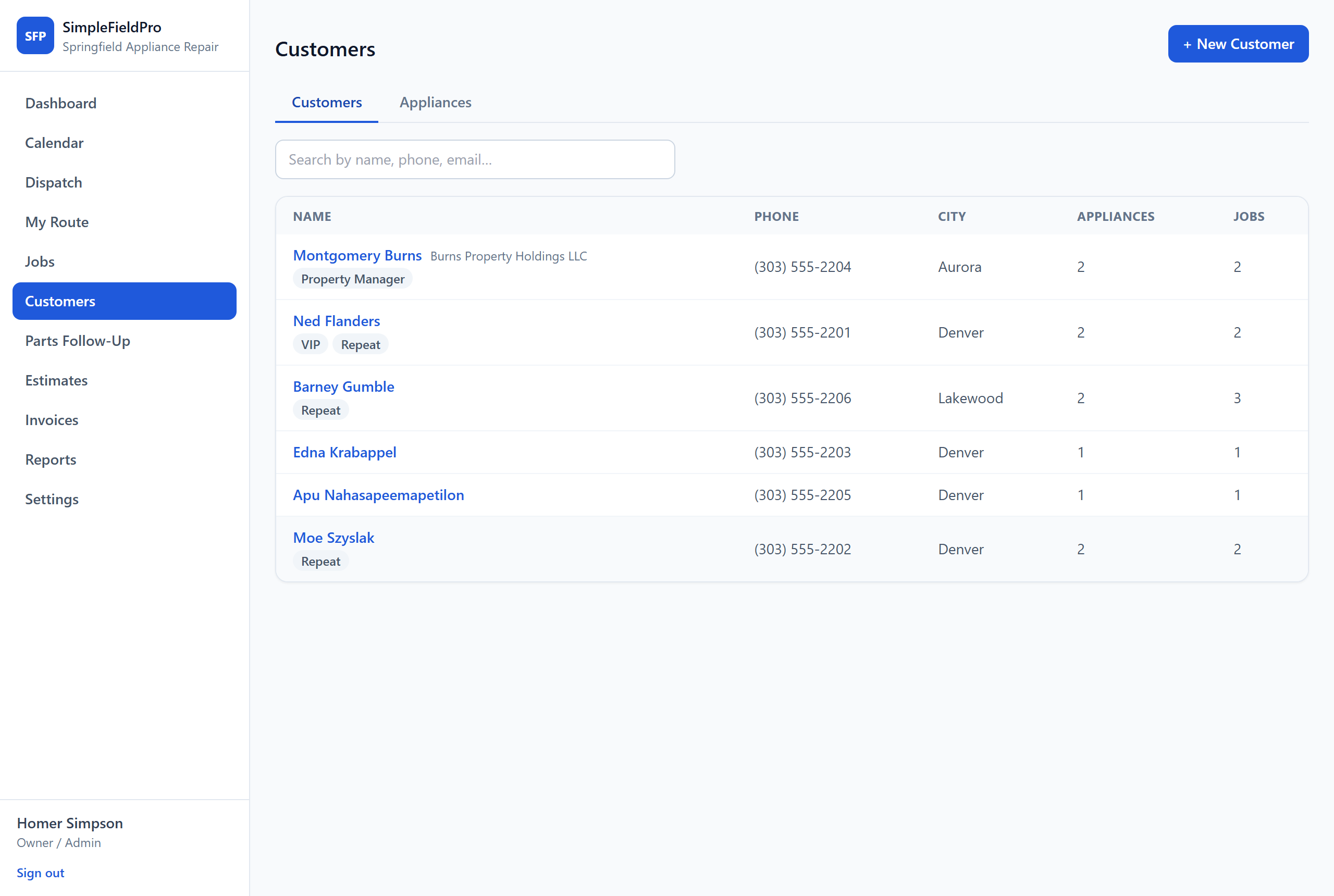 SimpleFieldPro customer list — contact details, tags, and appliance counts