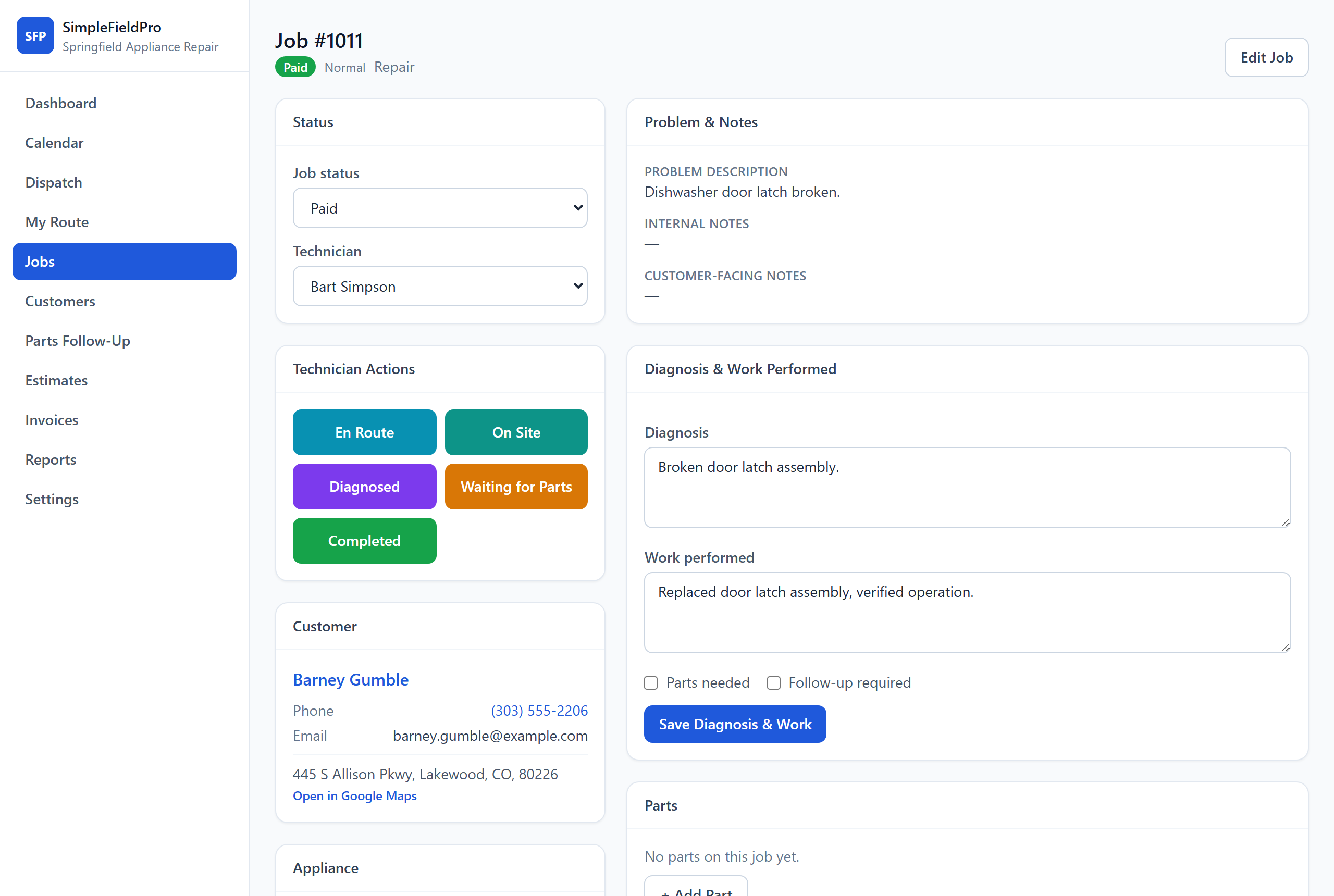 SimpleFieldPro job detail — status controls, technician actions, and diagnosis notes