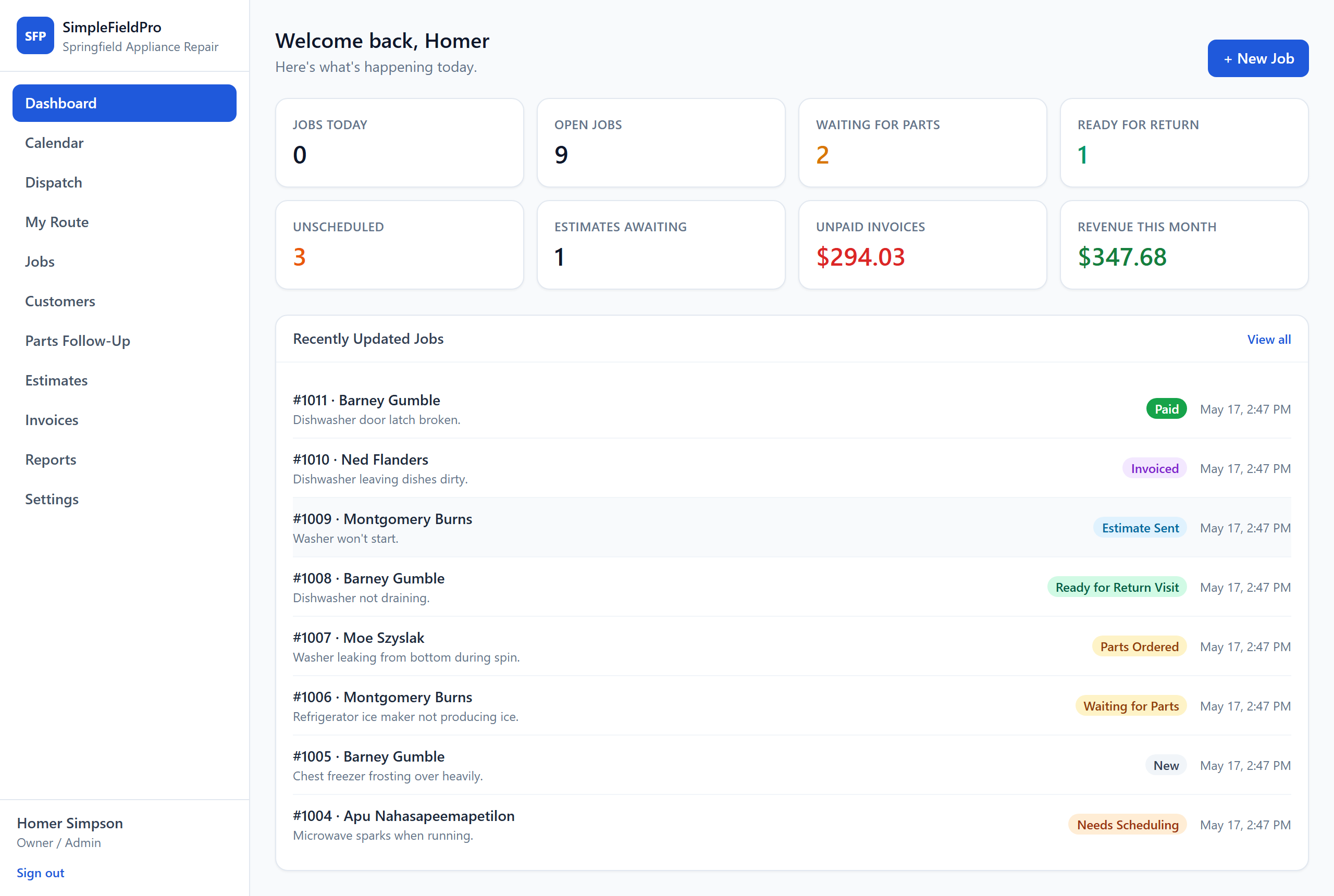 SimpleFieldPro dashboard — job stats, unpaid invoices, and recent activity